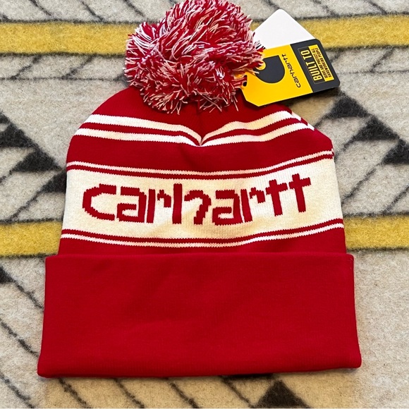 Carhartt Knit Pom Pom Cuffed Beanie Hat red and white striped Christmas NWT - Picture 3 of 10